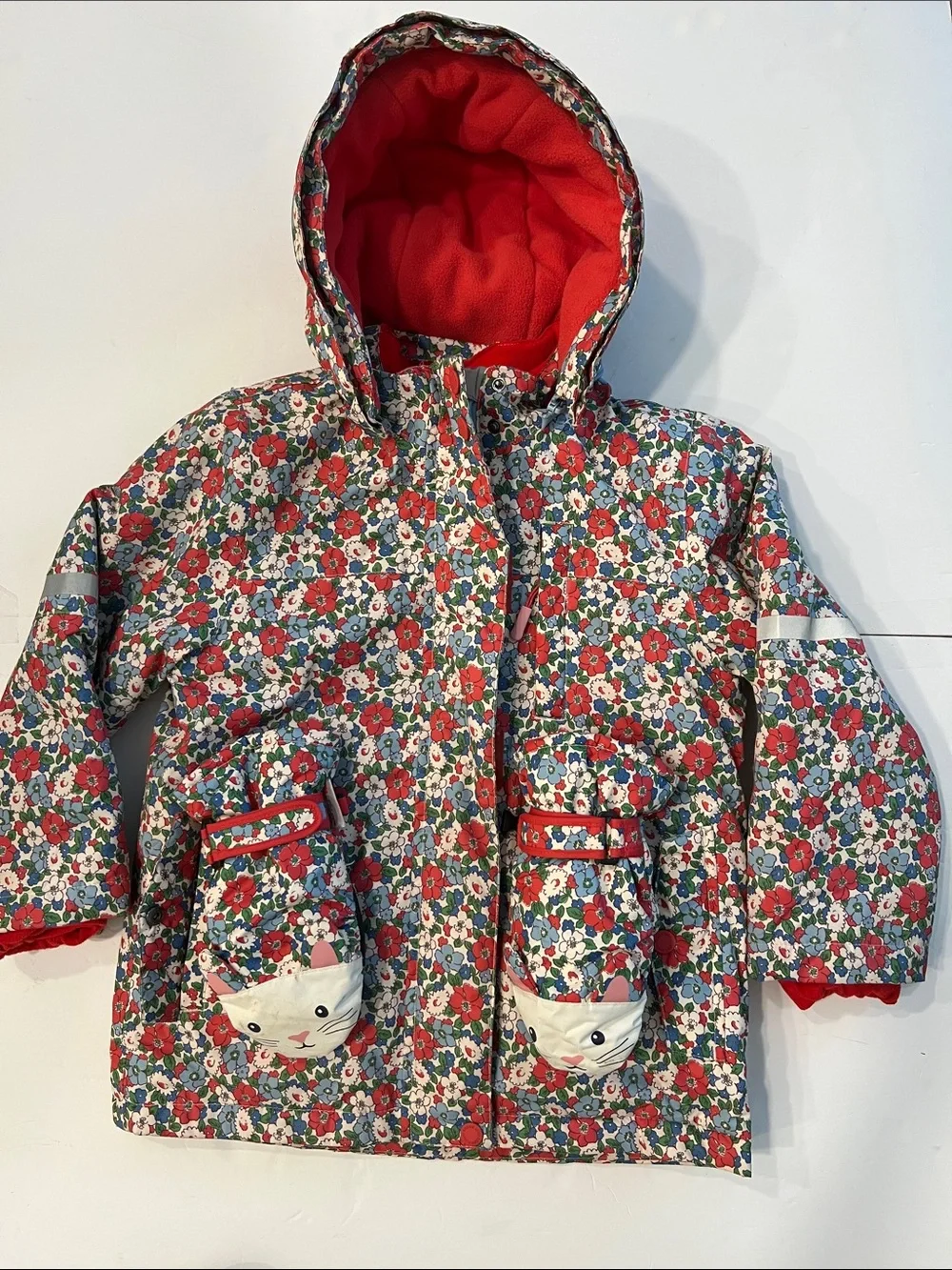 Mini Boden Floral Hooded Raincoat with Red Lining with matching mittens 6-7 yrs